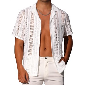 INSPIRE CHIC Men's Camp Collar Short Sleeve Button Down Party Mesh See Through Shirts - 1 of 4