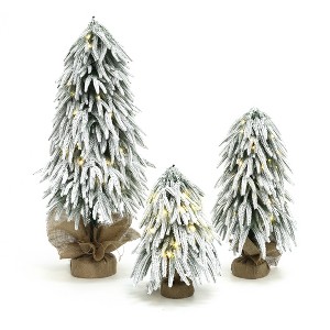 LuxenHome 3-Piece Snowy Christmas Tree Set with Battery Lights & Burlap Base, Holiday Decor Green - 1 of 4