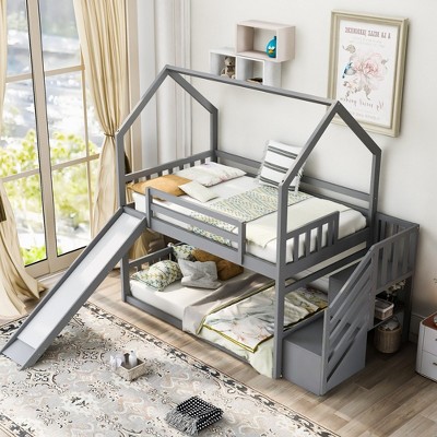 NicBex Bunk Bed Twin over Twin Classic House Shape Pine Frame Bed Frame with Detachable Slide, Ladder for Storage, No Spring Box Required