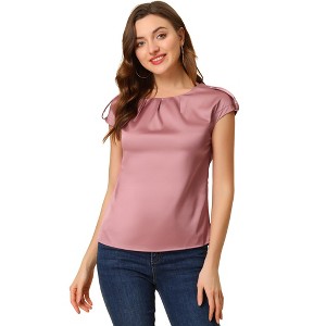 Allegra K Women's Satin Cap Sleeve Pleated Casual Work Office Blouse - 1 of 4