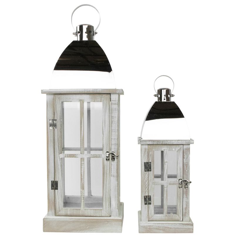 Northlight Set of 2 Antique White Wood Candle Lanterns with Silver Tops 21.5", 3 of 5