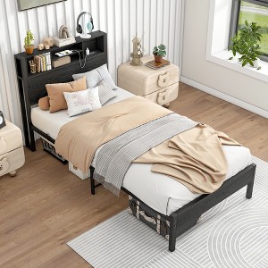 Twin Size Metal Platform Bed with Storage Headboard and Charging Station - 1 of 4