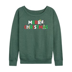 Women's - Peanuts - Merry Christmas Stacked Lightweight French Terry Wide Neck Long Sleeve Shirt - 1 of 4