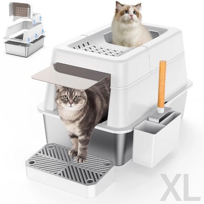 LunaLulinlk White stainless steel high-sided cat litter box with tray, scoop, storage box, and filter pedal