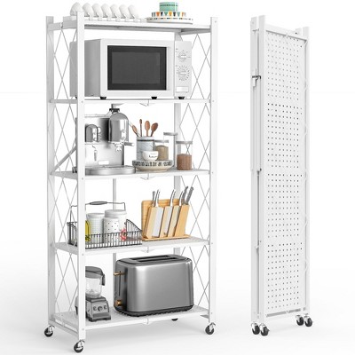 SKONYON 5-Tier Foldable Metal Shelving Unit with Wheels - White