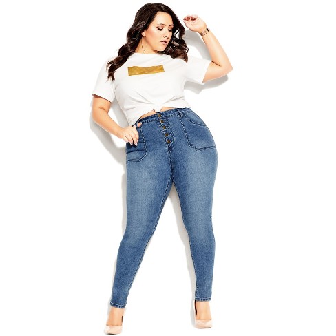 Plus Size Fashion Jeans, Women's Plus High * Hollow Out Slight Stretch  Denim Jeans