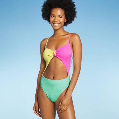 Juniors' Ribbed Colorblock Tie-Front One Piece Swimsuit - Xhilaration™ Multi XS