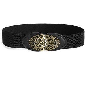 INSPIRE CHIC Women's Gold Tone Flower Design Metal Interlocking Buckle Elastic Cinch Belt - 1 of 4