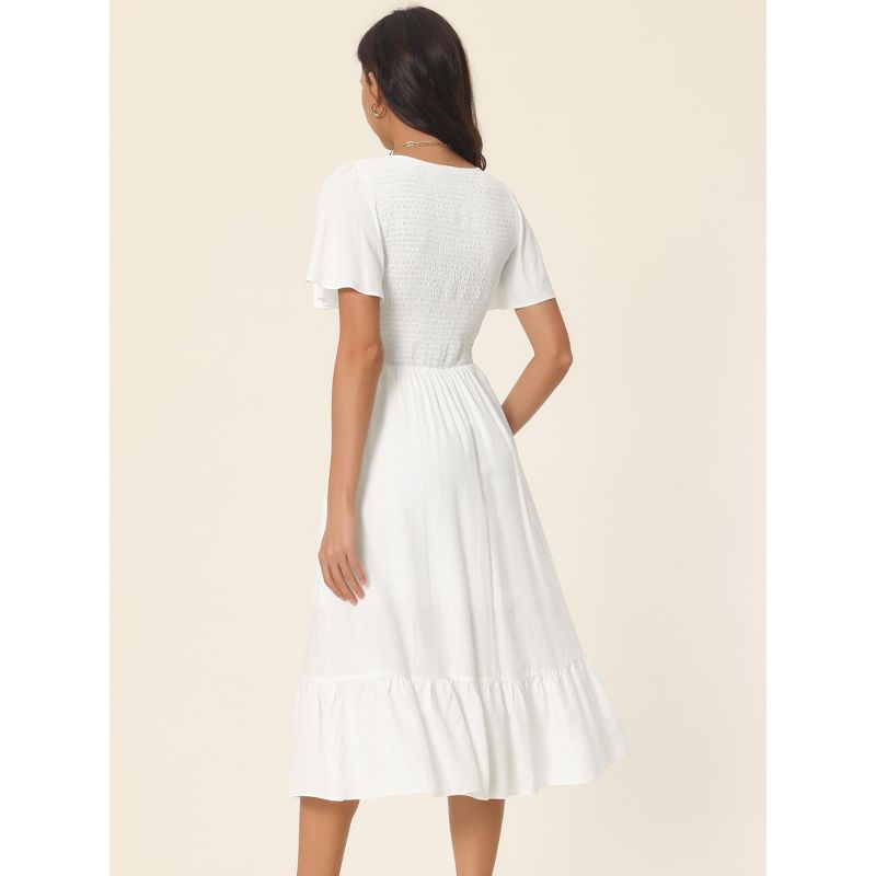Seta T Women's Summer Casual V Neck Ruffle Sleeve Smocked Midi Dress with Pockets, 4 of 6