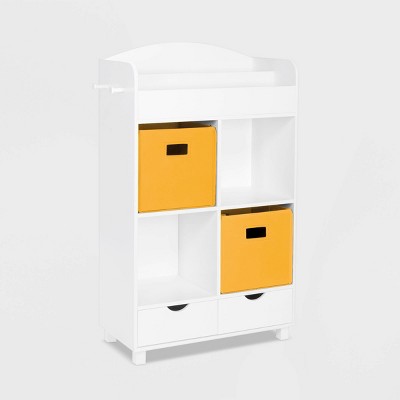 RiverRidge Kids' Book Nook Cubby Toy Storage Cabinet with Bookshelf, Drawers, and Hooks White with 2 Fabric Bins