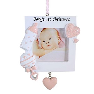 Polarx 4.5 Inch Baby's Girl First Picture Frame Ornament Christmas Tree Ornament , Christmas Decor Newborn Bottle Rattle Heart (1PC) - 1 of 4