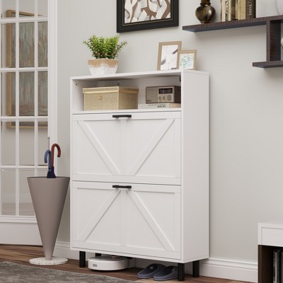 Halitaa Farmhouse Shoe Storage Cabinet with Barn Door Design, Shoe Organizer with 2 Flip Drawers, Freestanding Narrow Shoe Rack Cabinet