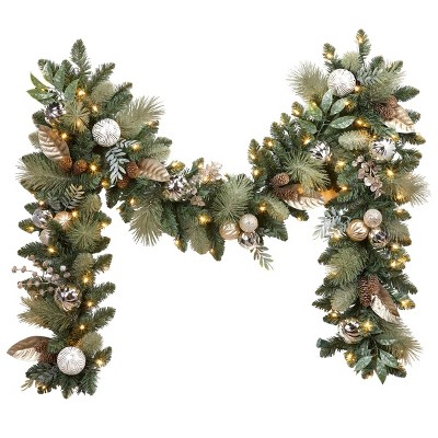 9-FT Pre-Lit Decorated Artificial Garland 100 LED Warm White Lights Gold Accents