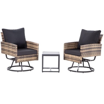 Anybear 3PC Brown Wicker Rattan Swivel Chairs with Coffee Table Outdoor Seating Set