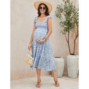 Coolmee Womens Maternity Dress Summer Sleeveless Smocked Square Neck Ruffle Casual Boho Midi Dress Baby Shower Photoshoot - 1 of 4