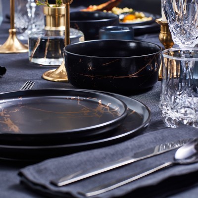 Black and Gold Porcelain 32-Piece Dinnerware Set, Service for 8