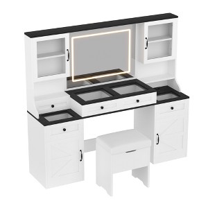YOOCOZZ 61.5" Farmhouse Vanity Desk with Mirror, LED Lights, and Makeup Set - White - 1 of 4