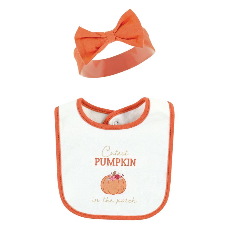 Hudson Baby Infant Girl Cotton Bib and Headband or Caps Set, Pink Cutest Pumpkin, One Size, 4 of 6