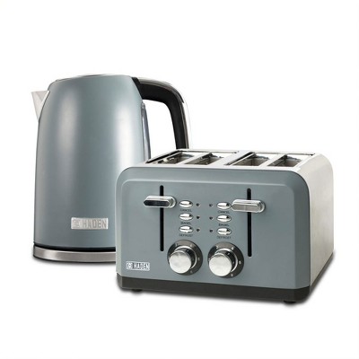 Haden Perth Wide Slot Stainless Steel Body Retro 4 Slice Toaster & Perth 1.7 Liter Stainless Steel Electric Kettle with Auto Shut Off, Slate Gray