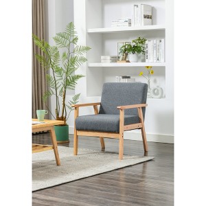 Linen Fabric Chair with Solid Wood Frame, Wood Arms and Full Foam Seat for Living Room - 1 of 4