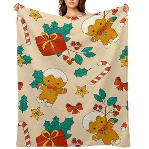 FIONECA Cute Gingerbread Man Christmas Blanket with Gift Box Candy Cane and Holly Pattern Light Beige Background 30x40 inches - 1 of 4