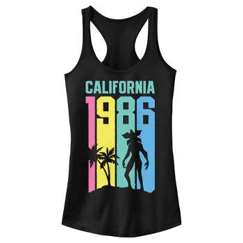 Juniors Womens Stranger Things California 1986 Rainbow Stripe Demogorgon Racerback Tank Top