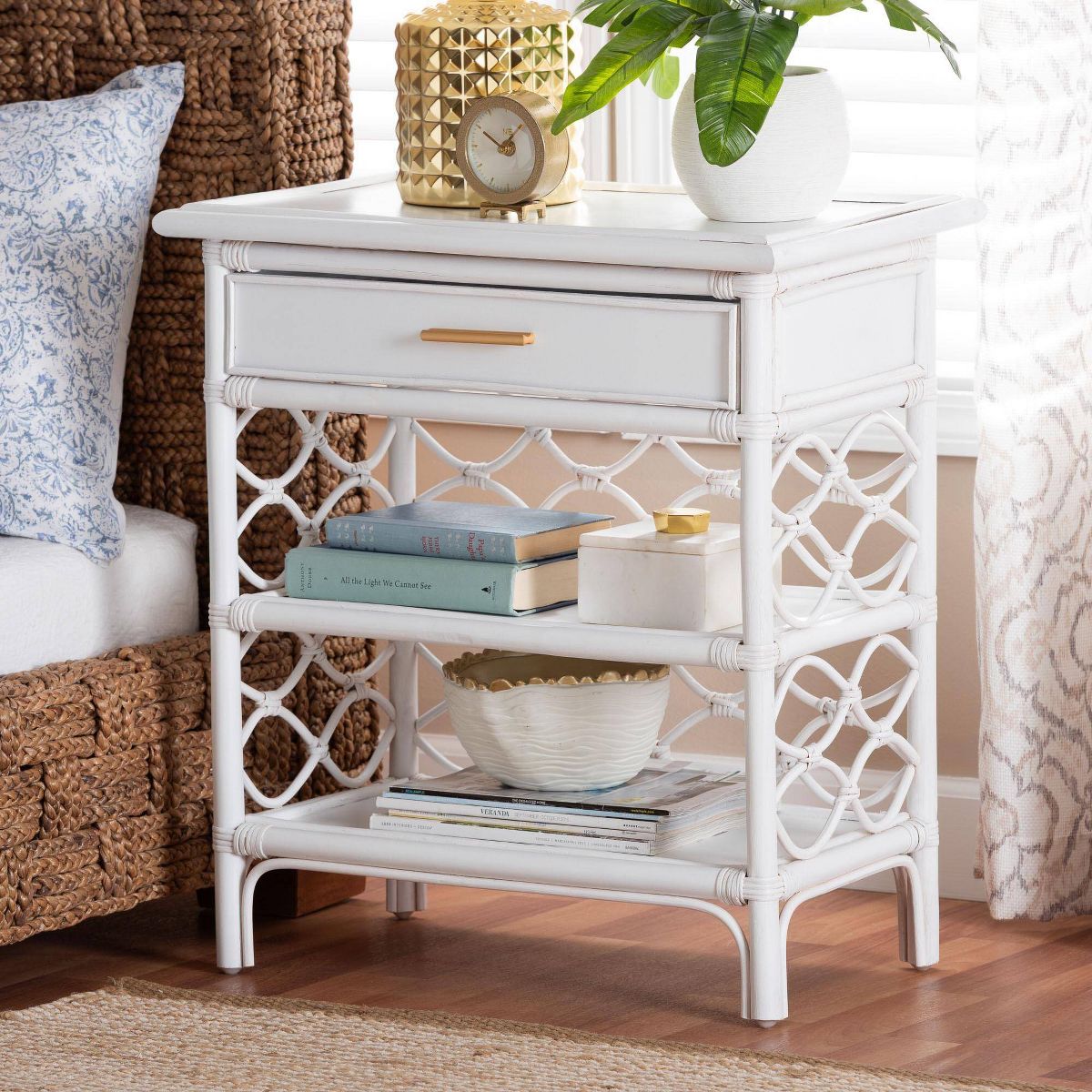 bali & pari Akane Natural Rattan Nightstand with Drawer and Open Shelves White - thumbnail 7