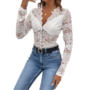 Womens Lace Long Sleeve Little Stretch Bodysuit V Neck Sheer Mesh Cheeky Body Suit Lace Back Slim Fit Jumpsuits Stretch Hollowout Leotard - 1 of 4