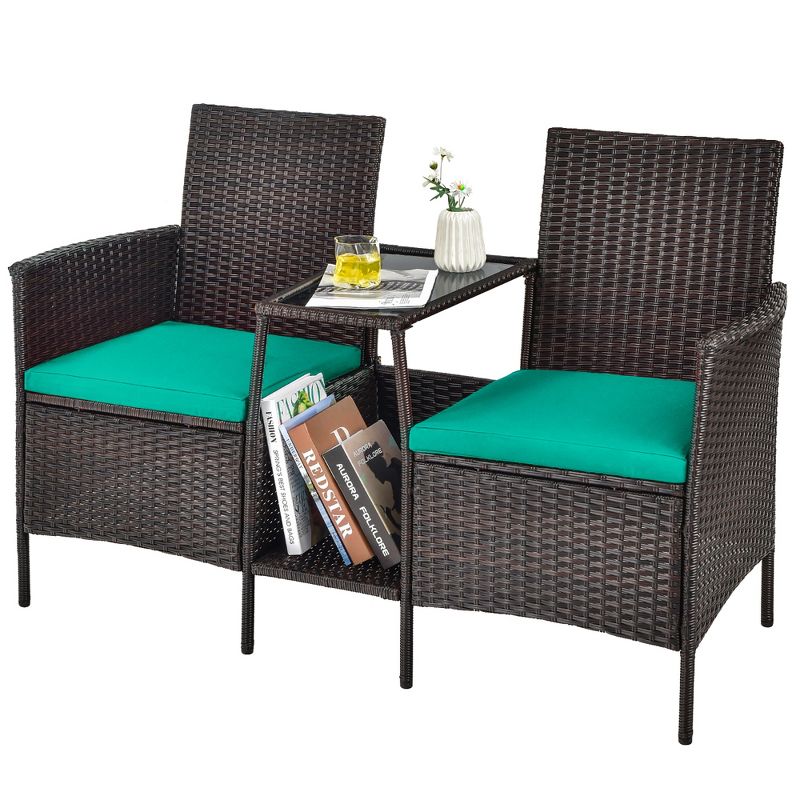 Costway Patio Rattan Wicker Conversation Set Sofa Cushioned Loveseat Glass Table, 3 of 10