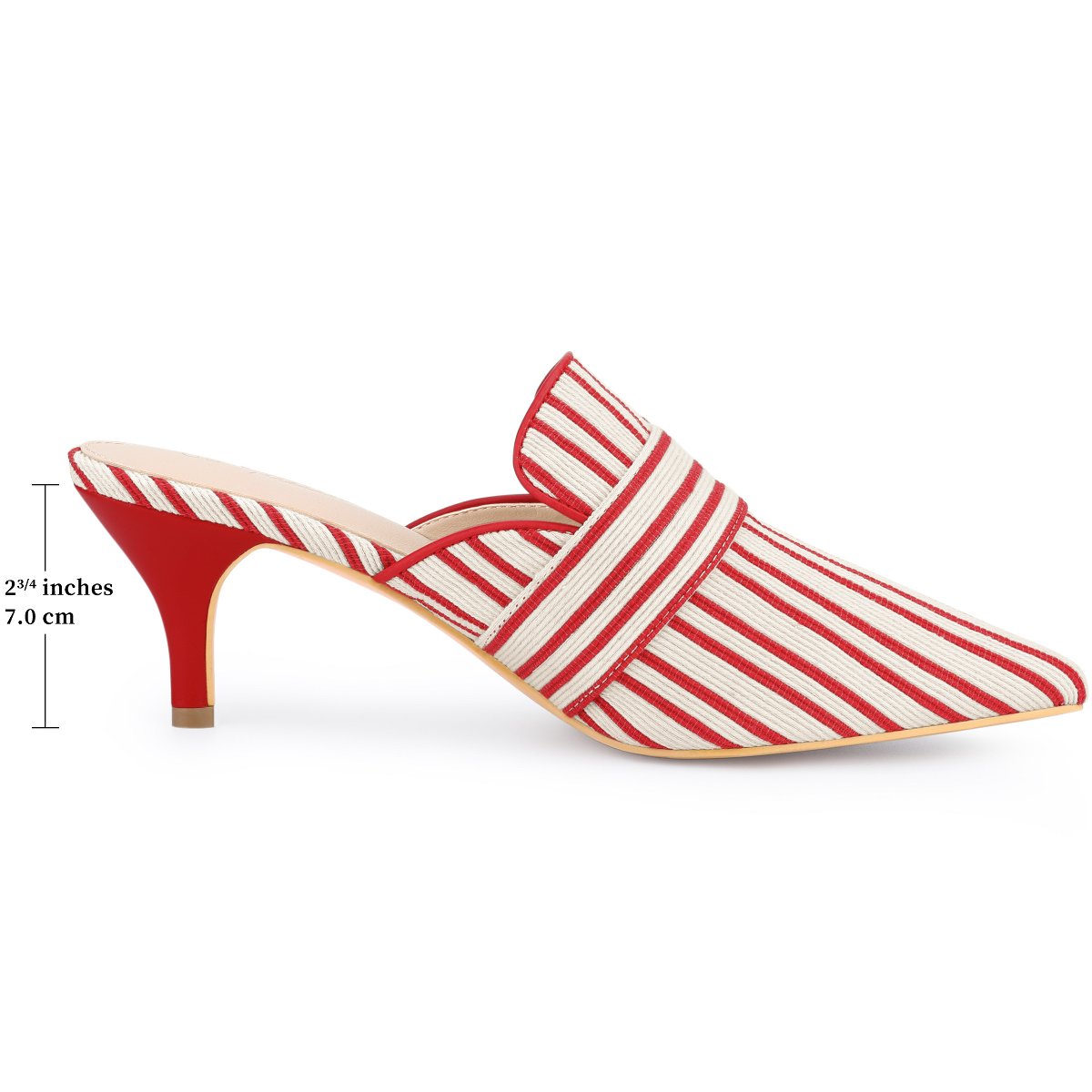Женские сандалии BLISSFUL STEP Women's Stripe Slip on Pointed Toe Kitten Heels Slides Mules 7 Red — фото 2