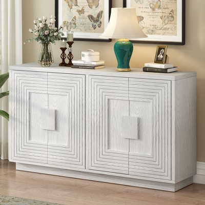 Whisen Vintage Distressed 4-Door Sideboard with Adjustable Shelves and Geometric Pattern for Dining Room, Kitchen and Living Room