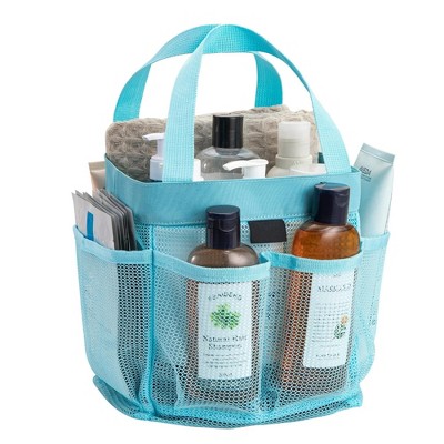 LunaLulinlk Natural Mesh Shower Storage Basket, Portable for Bathroom and Gym, Hanging Storage Basket, Quick Dry Toiletry Bag (8 Pockets | Blue)
