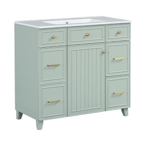 Tramull Bathroom Vanity with Ceramic Sink, Soft Close Doors, Drawers & Adjustable Shelves, Solid Wood Frame - 1 of 4