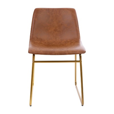 Light Brown LeatherSoft Bucket Dining Chairs with Gold Sled Base, Set of 2