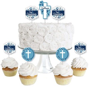 Big Dot of Happiness First Communion Blue Elegant Cross - Dessert Cupcake Toppers - Boy Religious Party Clear Treat Picks - Set of 24 - 1 of 4