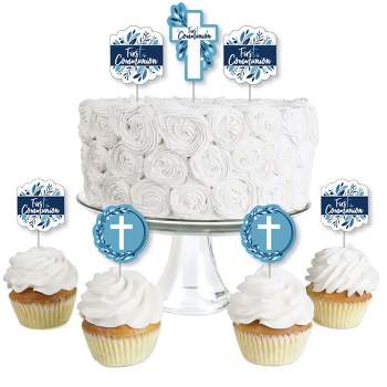 Big Dot of Happiness First Communion Blue Elegant Cross - Dessert Cupcake Toppers - Boy Religious Party Clear Treat Picks - Set of 24