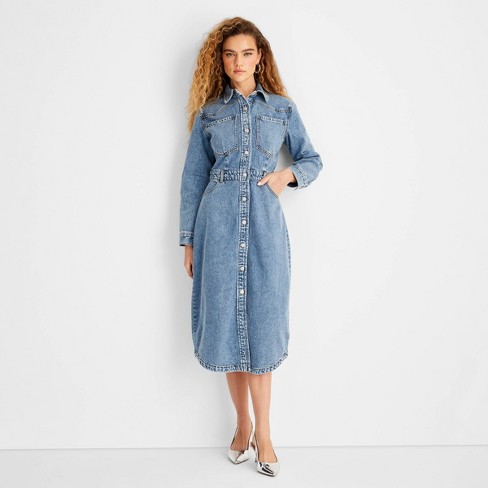 Women s Long Sleeve Denim Midi Dress Future Collective Medium Wash Target