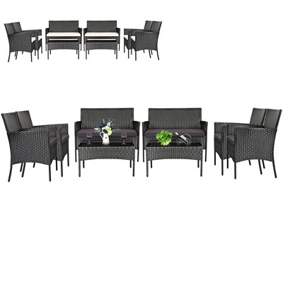 Tangkula 8PCS Outdoor Furniture Set Patio Rattan Conversation Set w/ Gray & Off White Cushion