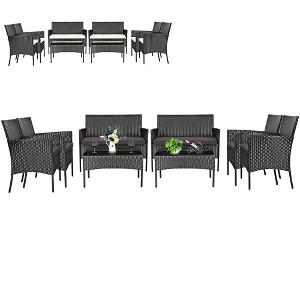 Tangkula 8PCS Outdoor Furniture Set Patio Rattan Conversation Set w/ Gray & Off White Cushion - 1 of 4