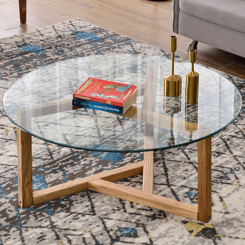 Modern Round Coffee Table Cocktail Table with Tempered Glass Top & Sturdy Wood Base-ModernLuxe, 1 of 9