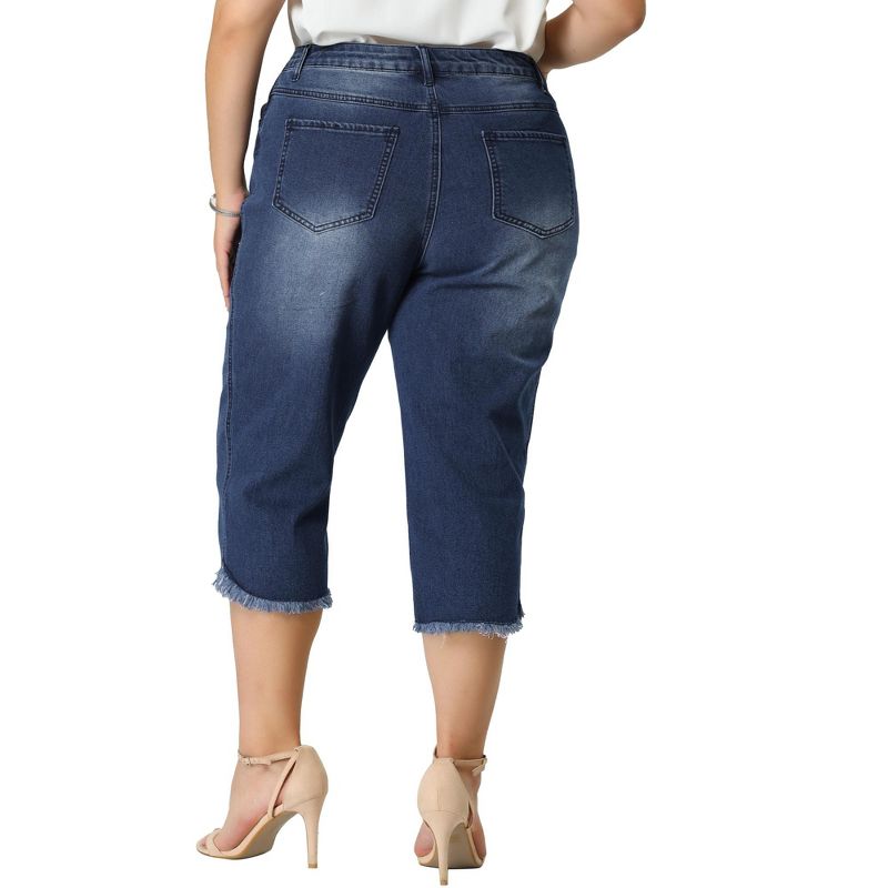 Agnes Orinda Women's Plus Size Fashion Denim Frayed Hem Washed Jeans Capri, 5 of 7