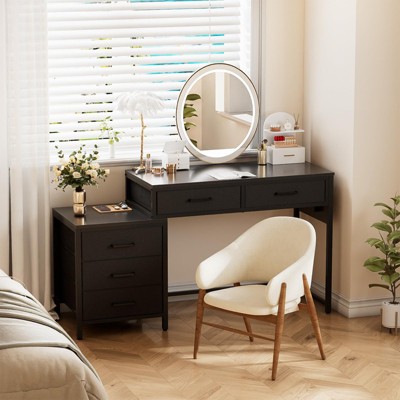 Aheaplus Computer Desk with 5 Drawers, Corner Home Office Desk with Filing Cabinet, Charging Station
