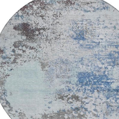 HomeRoots 8' Turquoise Denim Blue And Gray Round Abstract Washable Indoor Outdoor Area Rug