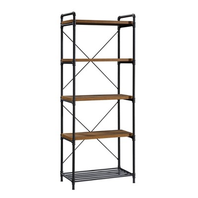 76" Tall Iron City Bookshelf Checked Oak - Sauder: 5-Shelf Metal Frame, Farmhouse Style, Rustic Storage: Vertical Shelving Unit