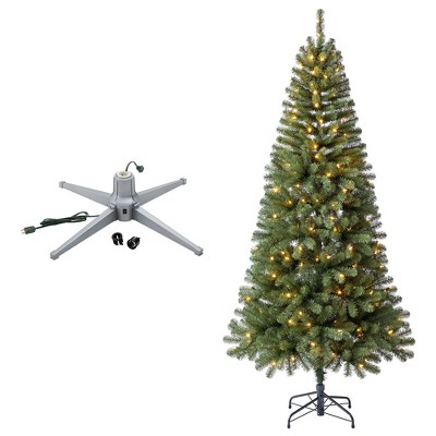 Home Heritage 1-1.5" Christmas Tree Base Rotating Metal Stand with 7' Brighampton Spruce Pre-Lit White LED Lights Artificial Christmas Tree