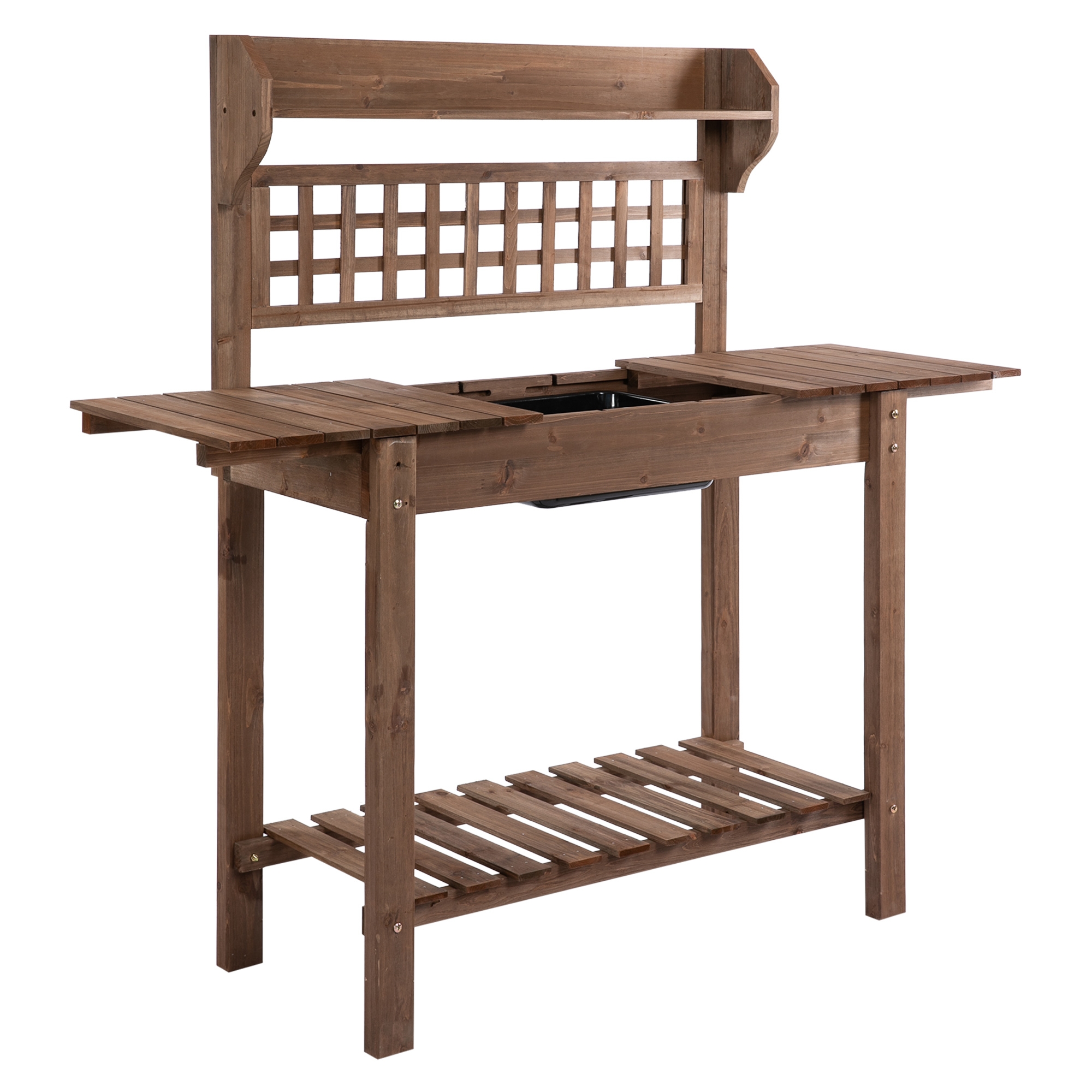 Outsunny 39'' Wooden Garden Potting Bench Work Table with Hidden Storage, Sliding Tabletop, Below Clapboard, Upper Shelf, Brown