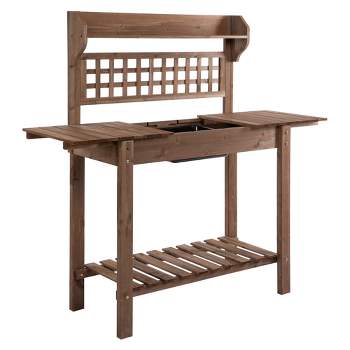 Outsunny 39'' Wooden Garden Potting Bench Work Table with Hidden Storage, Sliding Tabletop, Below Clapboard, Upper Shelf