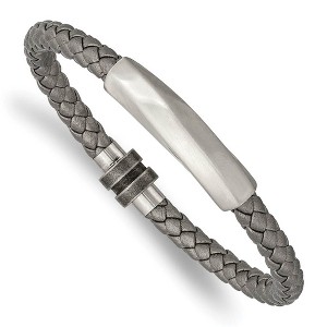 Black Bow Jewelry Stainless Steel & Gray Leather Brushed Freeform Tube Bracelet, 8.25 In - 1 of 4