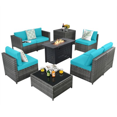 Tangkula 9 PCS Rattan Dinning Set Wicker Sofa w/Propane Gas Fire Pit 60,000 Btu Heater