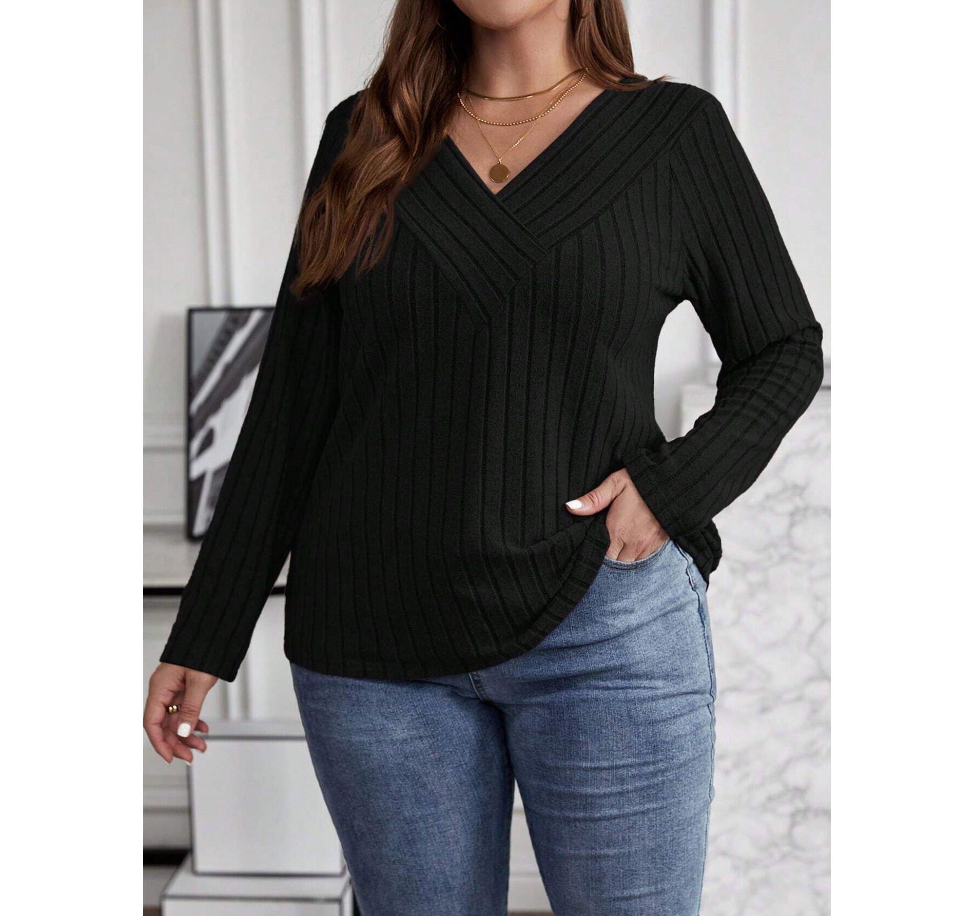 Coolmee Womens Plus Size Tops Fall Casual Tunic Shirts Lightweight V Neck Pullover Long Sleeve Blouse Black 1XL